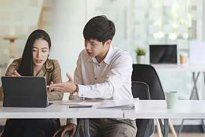 IT consultant working with client at desk