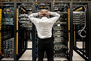 a man looking at server racks after a disaster affected his business