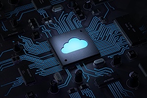 dark black circuit board with a cloud shaped chip in the middle representing remote data backup