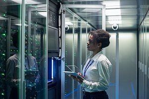 it consultant in a server room making sure a client is IT compliant