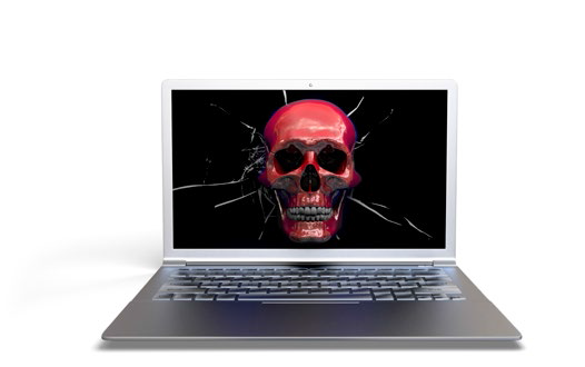 laptop with skull indicating ransomware