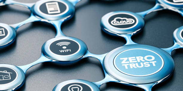 3D illustration of a blue network with icons and the text zero trust written on the front. Concept of zero trust system