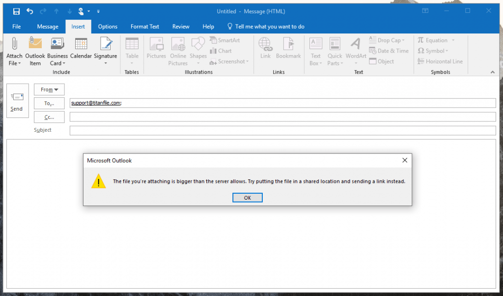 File too large error message in Outlook