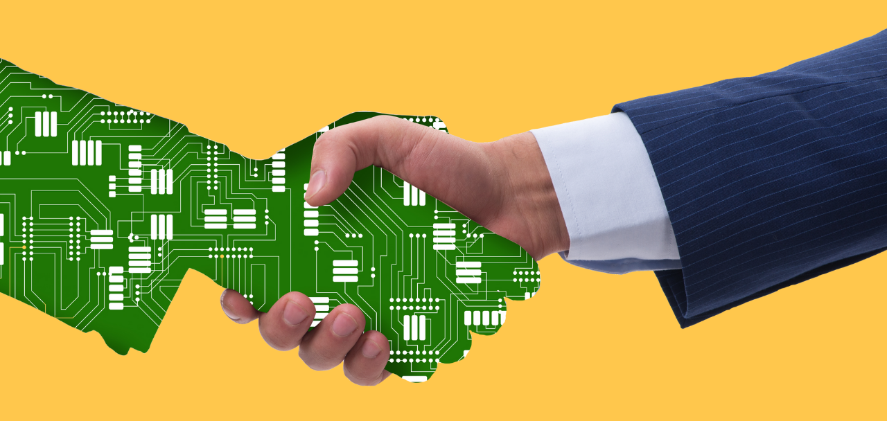 Handshake between a human and a motherboard, symbolizing digital transformation