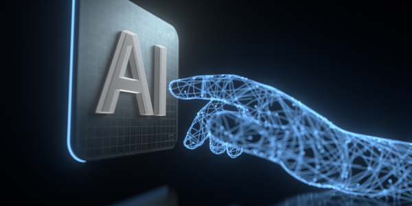 A digital hand pressing the AI button. Artificial intelligence concept art