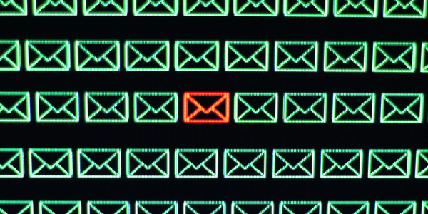 A red mail icon surrounded by a lot of green mail icons, symbolizing email compromise