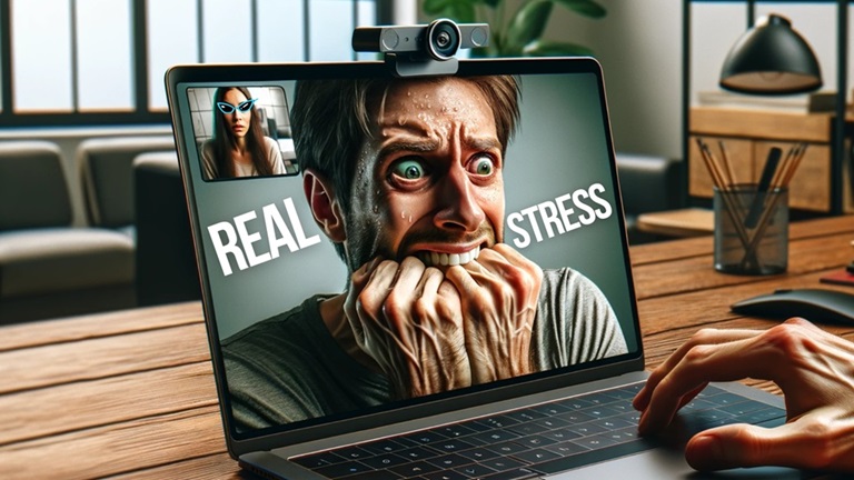 An employee on a meeting with the words "Real Stress" on screen, indicating that video calls can be stressful