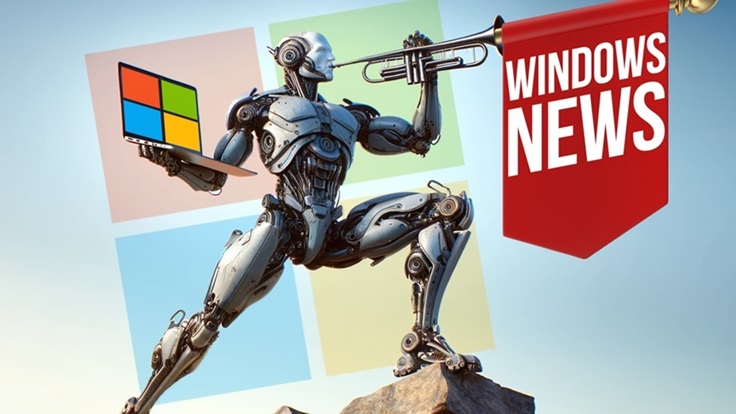 A robot holding a Windows laptop while blowing a trumpet with words "Windows News" on a flag, symbolizing the Moment 5 update