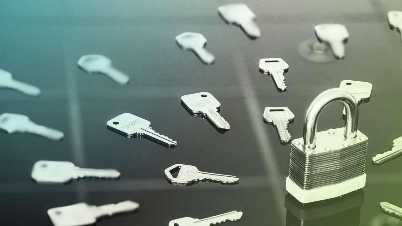 A padlock surrounded by keys, symbolizing encryption