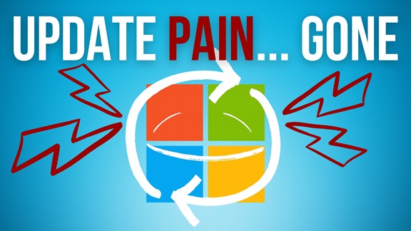 Microsoft Windows logo with the Updates icon and words "Update Pain...Gone" above it