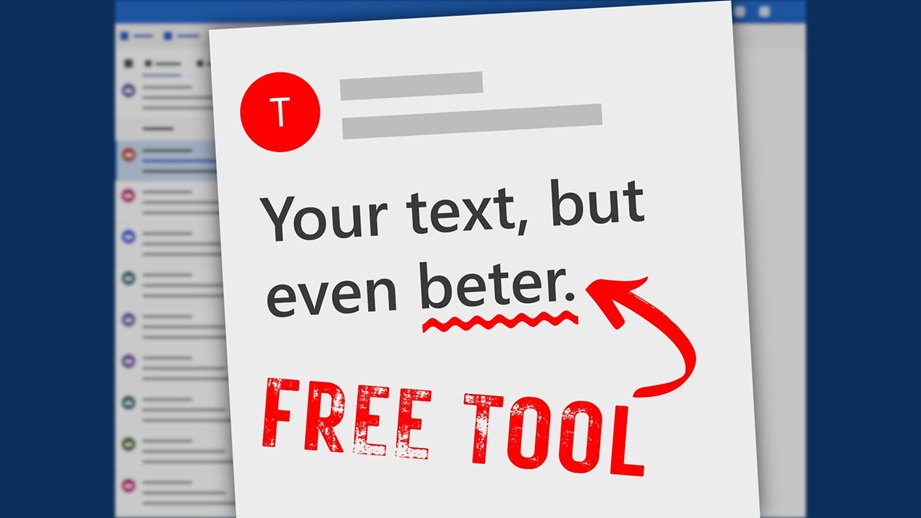 Shows a sentence with the misspelled word underlined with an arrow and the phrase Free Tool