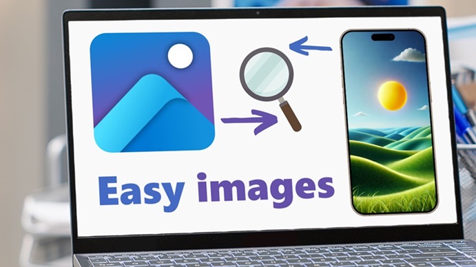 A laptop showing image symbols pointing towards the magnifying glass with words "Easy Images" below, signifies easy reverse image searching through Visual Search