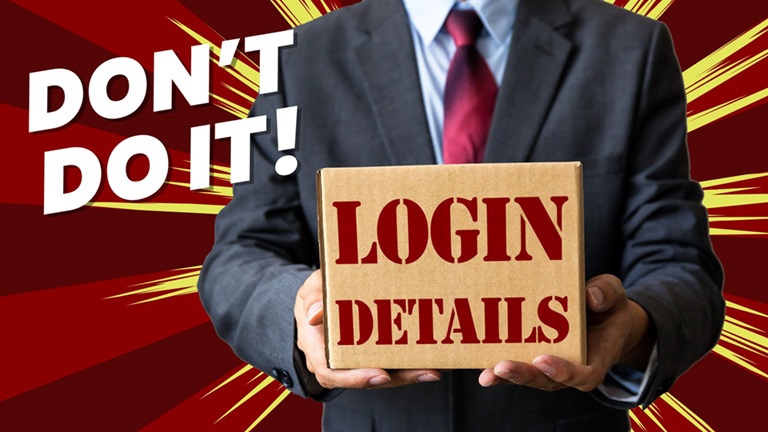 An employee holding a box with words "Login Details" inside and a "Don't Do It" caption beside him, showing the concept of the new malware