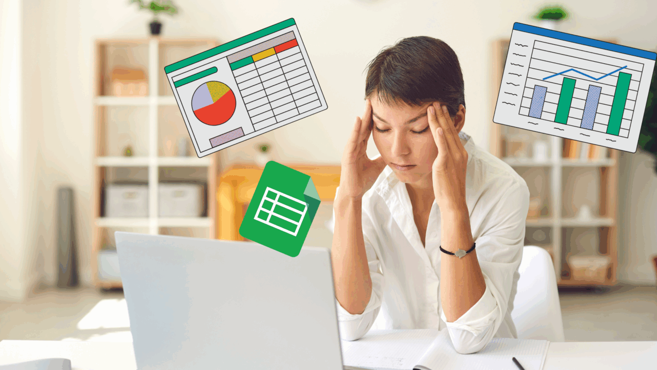An employee having a headache while thinking about the spreadsheet they're using