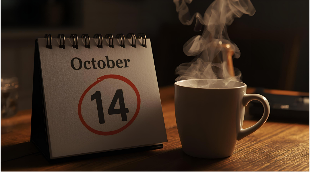 Calendar with October 14, 2025 marked in red to signify the end of support for Windows 10