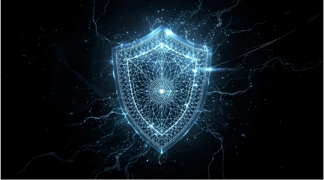 Abstract AI “shield” graphic symbolizing adaptive defense.