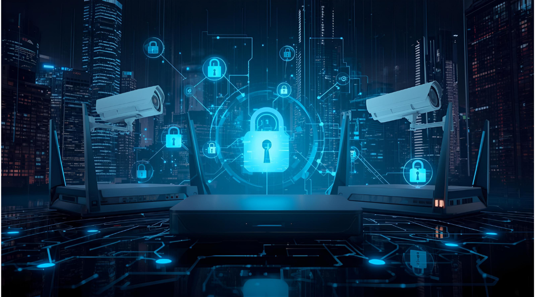 IoT devices (sensors, cameras, routers) with security locks overlaid to symbolize Edge computing