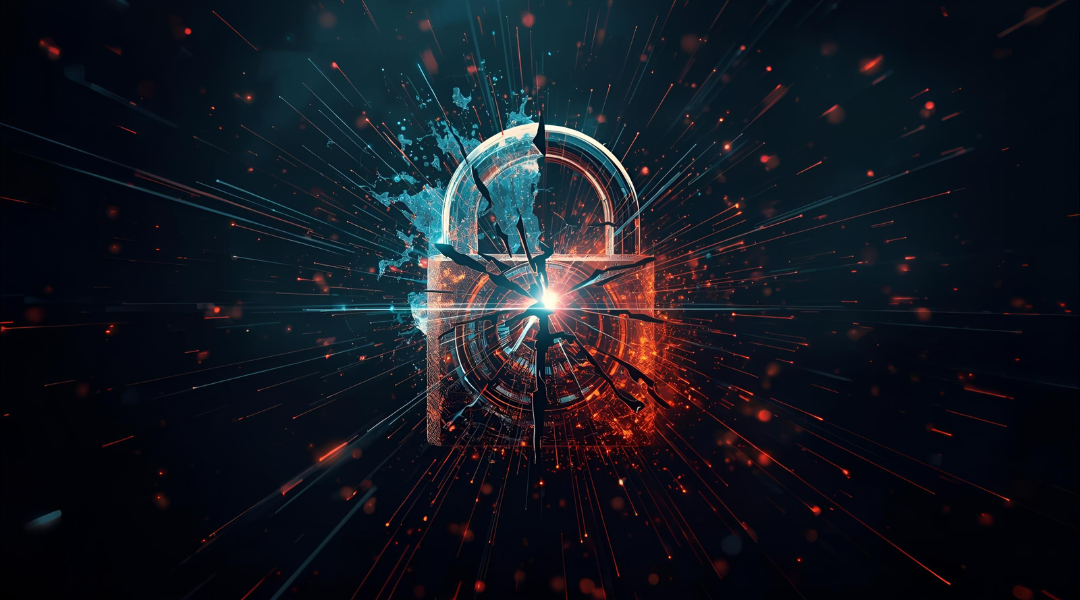 Illustration of padlock breaking apart with quantum particles