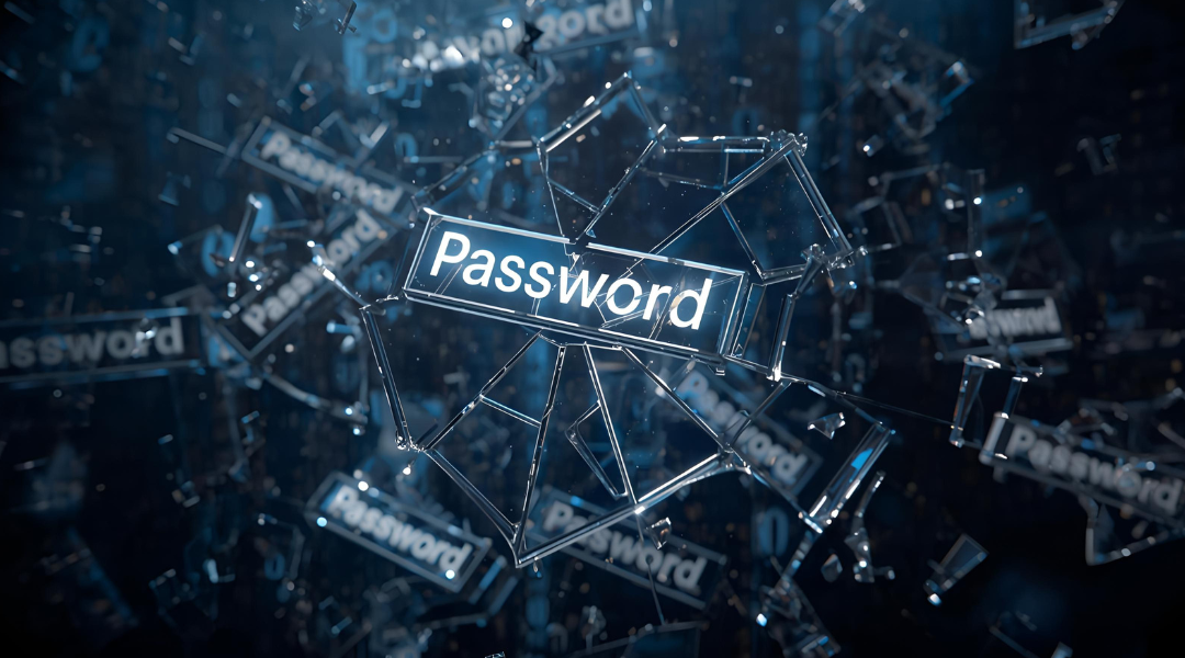 Visual of broken passwords with quantum symbols