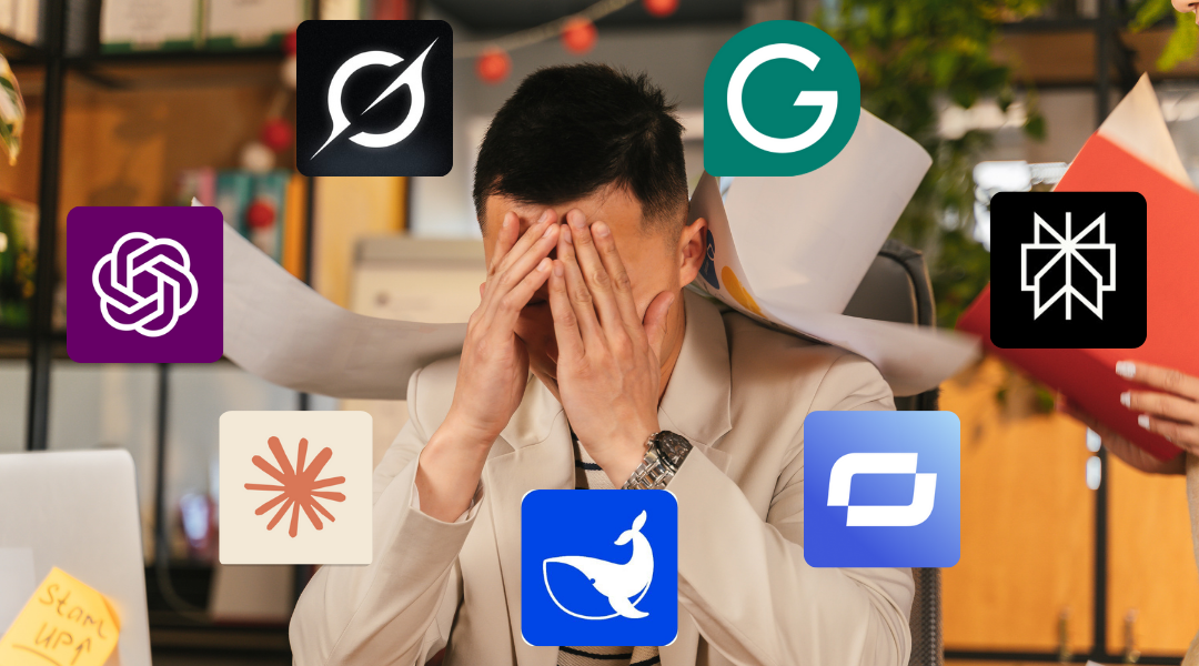 A small business owner overwhelmed by multiple AI tools